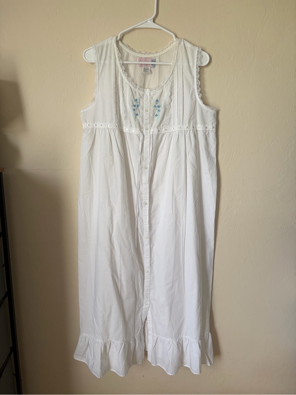 Women's White Button-Front Nightgown with Blue Embroidery